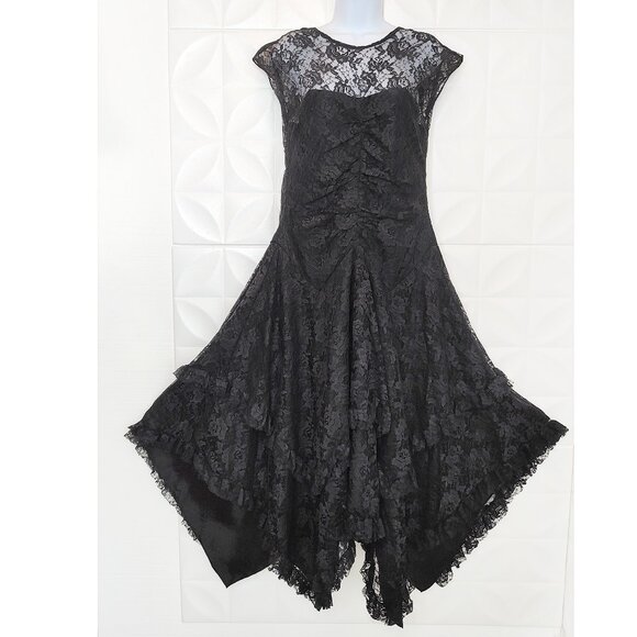 Vintage 80s-90s Black Lace Dress Fredericks Hollywood Handkerchief Goth Prom L - Picture 1 of 17